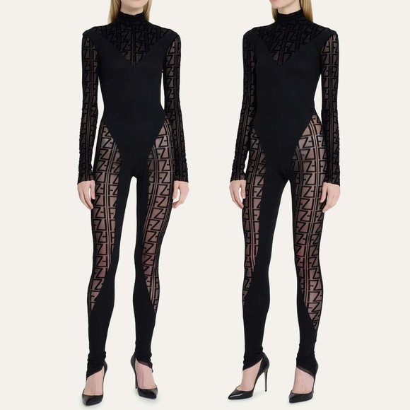 NwT size L 10-12 FUZZI Mock Neck Black Semi Sheer Bodysuit ULTRA SEXY - Picture 3 of 7